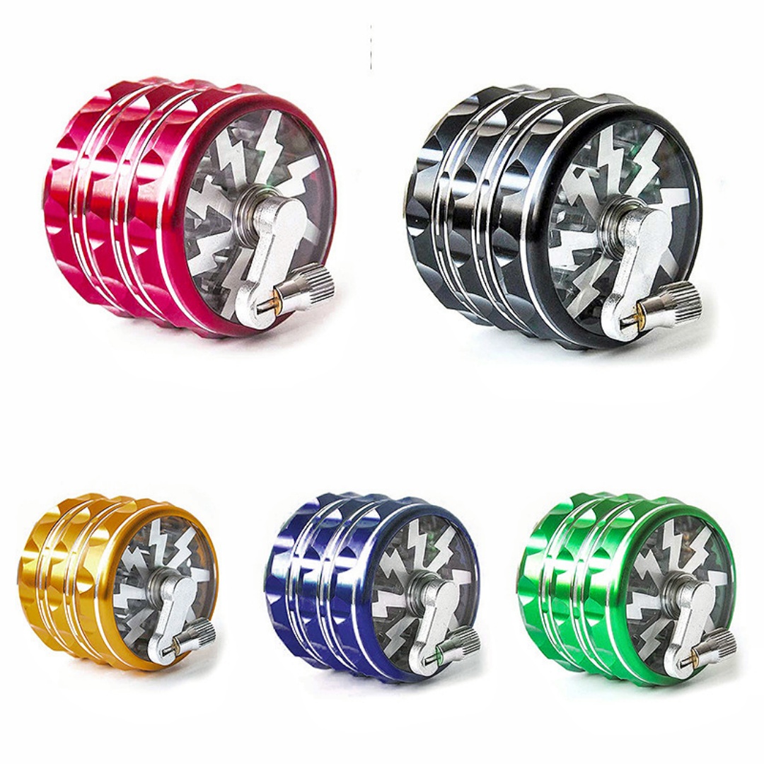 2.5" 4 Parts Premium Aluminum Alloy Herb Grinder with Crank & Lightning Design Durable Hand Crank Spice Grinder for Dry Herbs & Tobacco