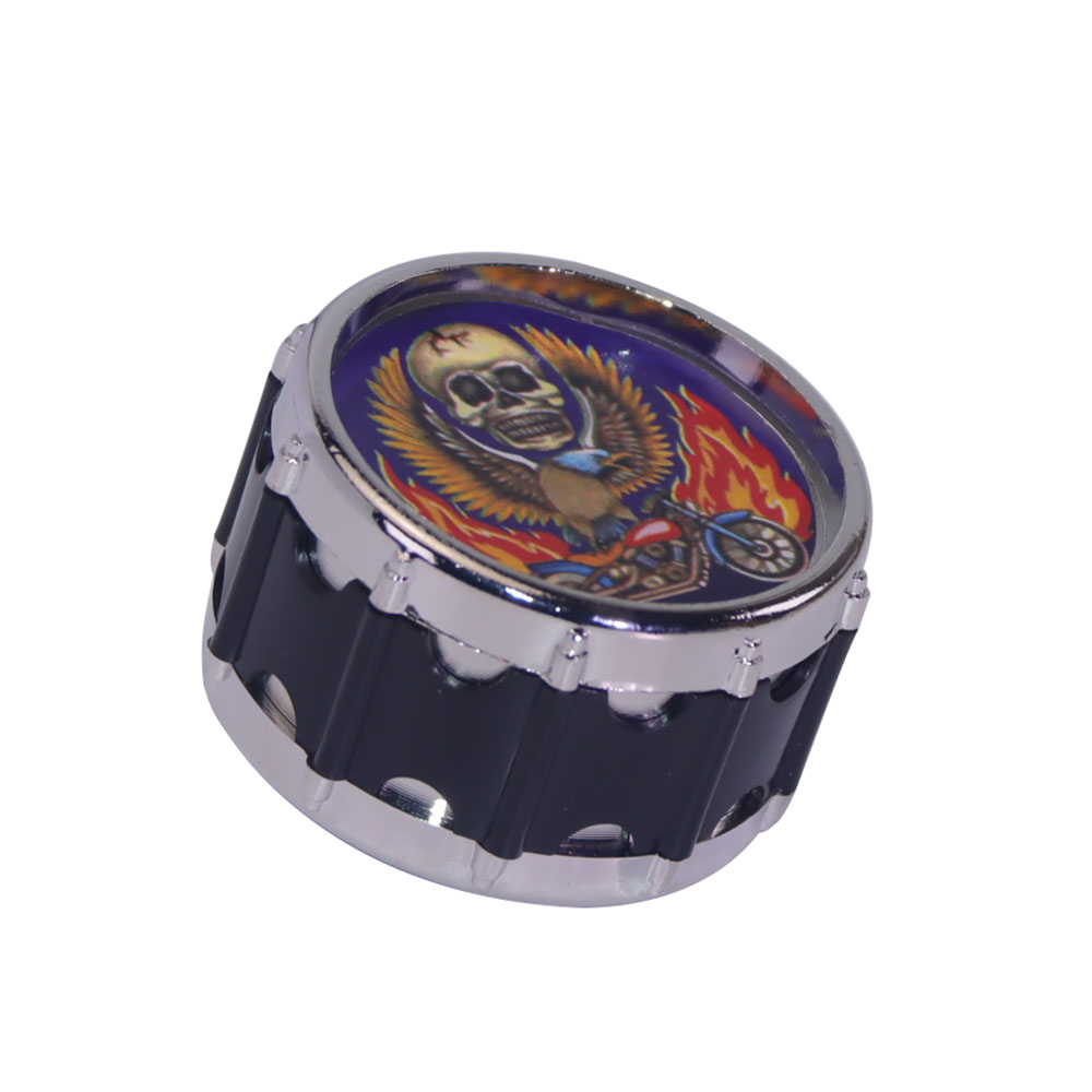 Novelty Drum Shape Herb Grinder 4-Piece Yellow Metal Tobacco Grinder with Skull Print Design Sharp Teeth Spice Grinder for Herbs & Spices