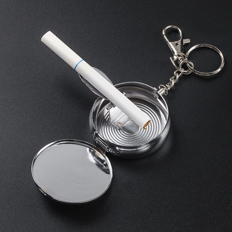 1Pack of 2 Pieces Push-button Portable Metal Pocket Ashtray with Keychain Pop-up cigarette Cigar Rest Holder for Outdoor Travel