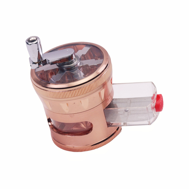 4 Piece 60mm Hand Crank Metal Herb Grinder with Clear Window & Storage Drawer Manual Crank Tobacco Grinder with Pollen Sifter