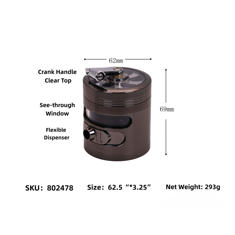 Premium 4-Piece CNC Zinc Herb Grinder with Hand Crank Handle See-Through Window & Side Dispenser Port 63mm Metal Spice & Herb Grinder for Dry Herbs Tobacco Spices