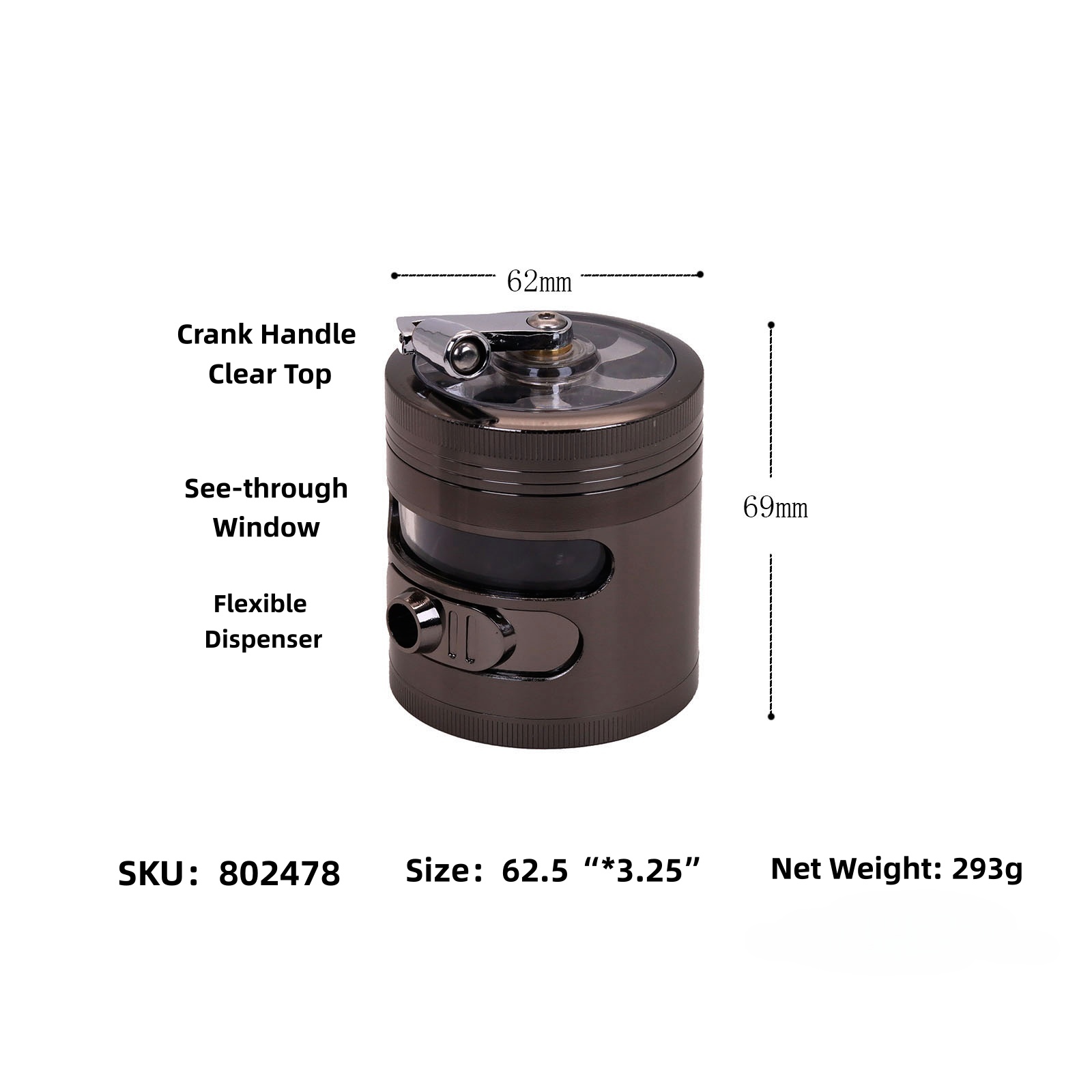 Premium 4-Piece CNC Zinc Herb Grinder with Hand Crank Handle See-Through Window & Side Dispenser Port 63mm Metal Spice & Herb Grinder for Dry Herbs Tobacco Spices