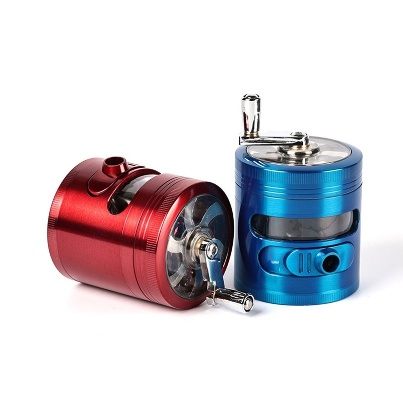 Premium 4-Piece CNC Zinc Herb Grinder with Hand Crank Handle See-Through Window & Side Dispenser Port 63mm Metal Spice & Herb Grinder for Dry Herbs Tobacco Spices