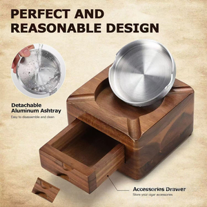 Multi-functional Wooden Square Wood Cigar Ashtray with Storage Drawer Cigar Ash Tray with Metal Insert Wooden Cigar Ashtray with Hidden Drawer