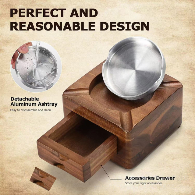 Multi-functional Wooden Square Wood Cigar Ashtray with Storage Drawer Cigar Ash Tray with Metal Insert Wooden Cigar Ashtray with Hidden Drawer