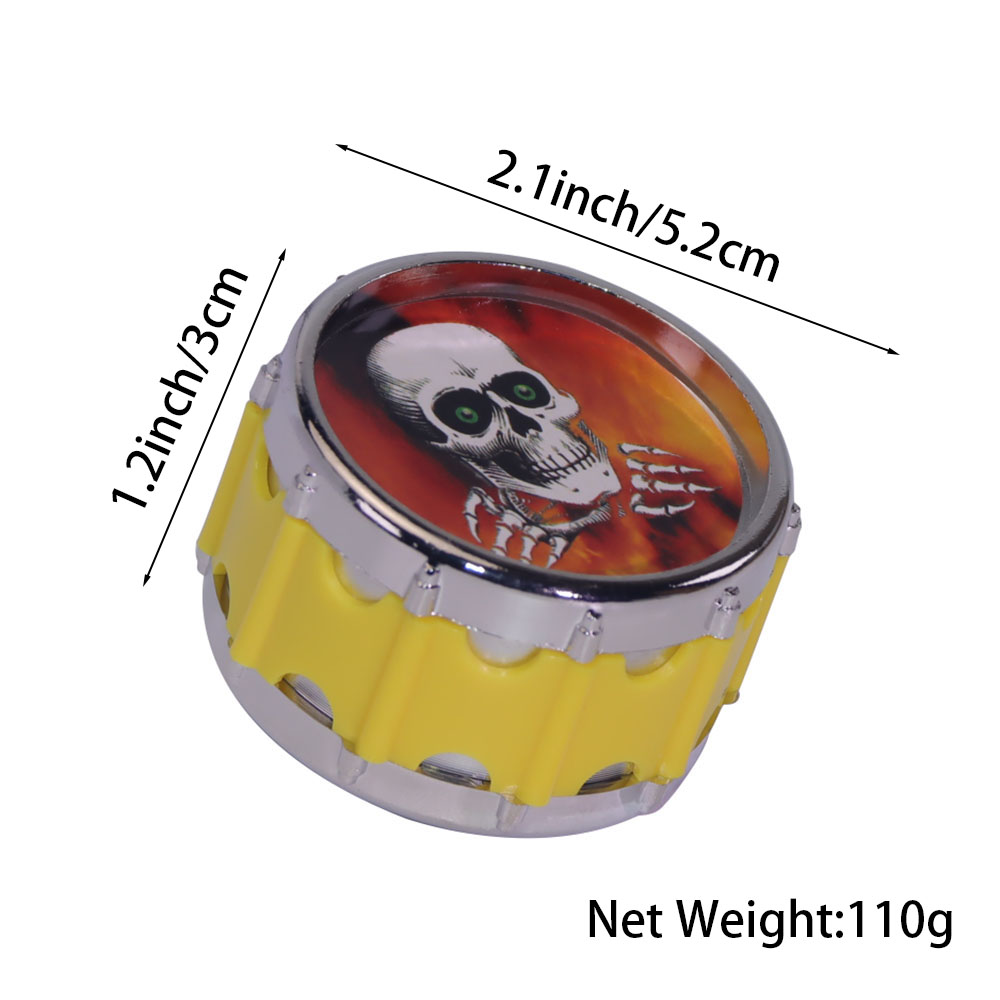 Novelty Drum Shape Herb Grinder 4-Piece Yellow Metal Tobacco Grinder with Skull Print Design Sharp Teeth Spice Grinder for Herbs & Spices