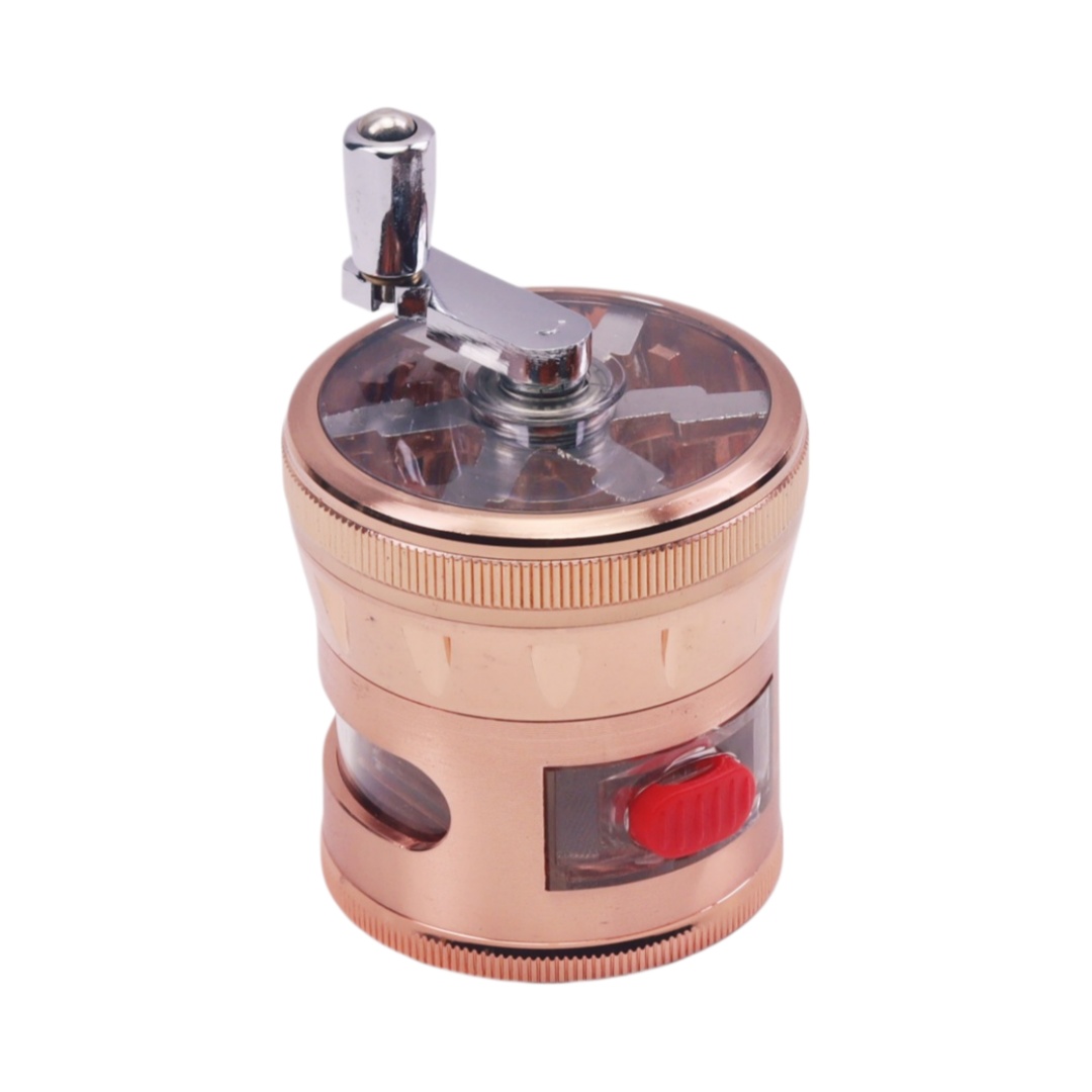 4 Piece 60mm Hand Crank Metal Herb Grinder with Clear Window & Storage Drawer Manual Crank Tobacco Grinder with Pollen Sifter