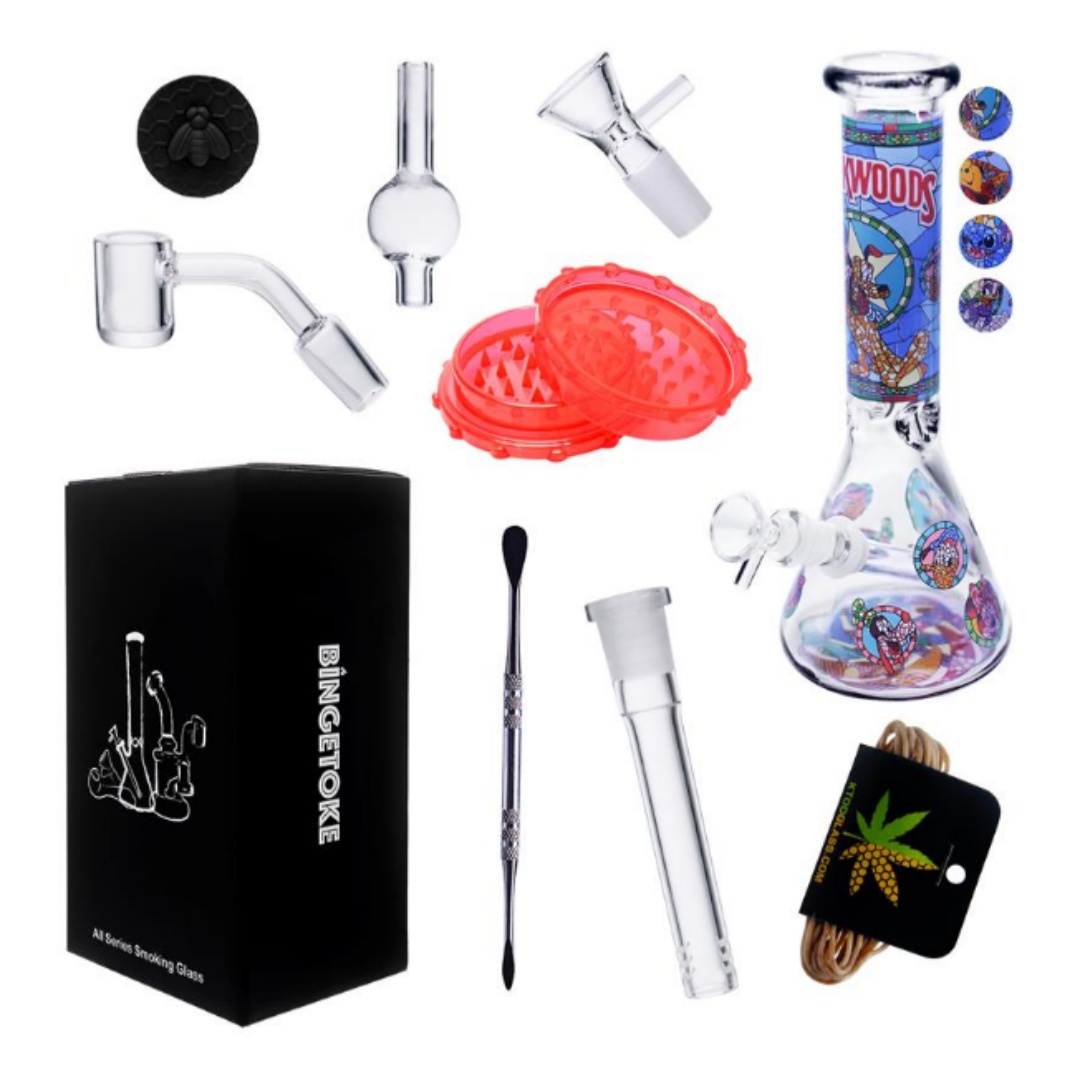10-Piece Simpsons Themed Glass Bong Travel Kit Cartoon Print Glass Water Pipe Set with Grinder Dab Tools & Storage Box for Smoking