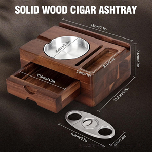 Multi-functional Wooden Cigar Ashtray Set with Cutter, Cigar Ashtray with Drawer and Cigar Holder Slots