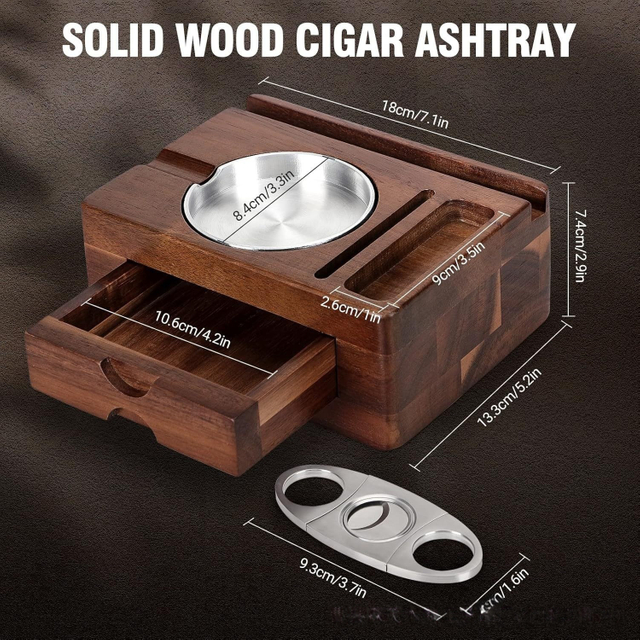 Multi-functional Wooden Cigar Ashtray Set with Cutter, Cigar Ashtray with Drawer and Cigar Holder Slots