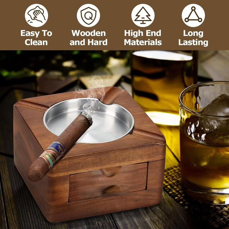 Multi-functional Wooden Square Wood Cigar Ashtray with Storage Drawer Cigar Ash Tray with Metal Insert Wooden Cigar Ashtray with Hidden Drawer