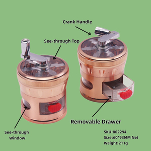 4 Piece 60mm Hand Crank Metal Herb Grinder with Clear Window & Storage Drawer Manual Crank Tobacco Grinder with Pollen Sifter