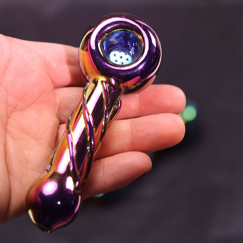 4 Inch Portable Spiral Twisted Glass Hand Pipe with Electroplated Iridescent Gradient Finish