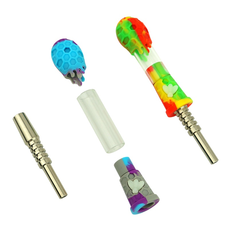Portable Non-Stick Silicone Glass Honey Straw Assorted Color Glass Silicone Nectar Collector Set Travel Silicone Wax Collector