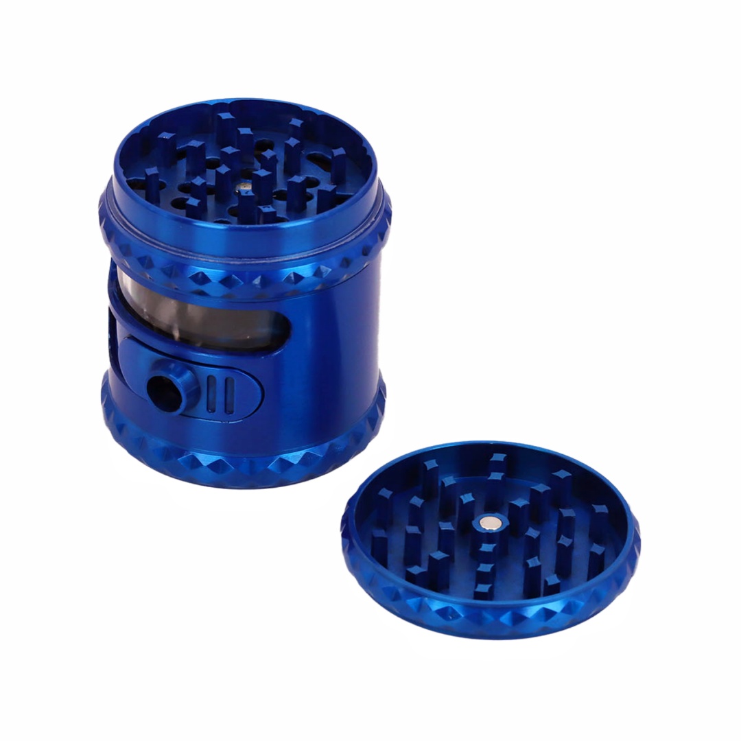 2.5" Premium 4-Piece Hand Crank Herb Grinder with See-Through Window & Side Dispenser Port, Durable Metal Tobacco Grinder with Pollen Scraper for Dry Herbs