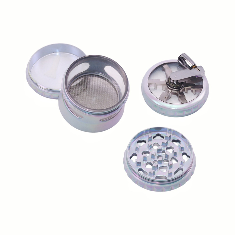65mm 2.56 Inches 4 Parts Iridescent Crank Handle Clear Top Herb Grinder Crusher With See-through Chamber for Smoking 