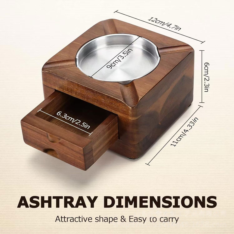 Multi-functional Wooden Square Wood Cigar Ashtray with Storage Drawer Cigar Ash Tray with Metal Insert Wooden Cigar Ashtray with Hidden Drawer