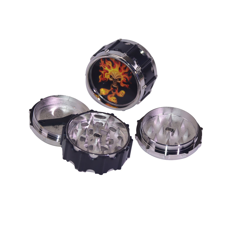 Novelty Drum Shape Herb Grinder 4-Piece Yellow Metal Tobacco Grinder with Skull Print Design Sharp Teeth Spice Grinder for Herbs & Spices