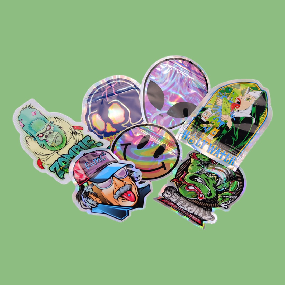 100-Pack 3.5g Smell Proof Resealable Airtight Irregular Holographic Die-Cut Mylar Bag Storage Pouch Zipper Barrier