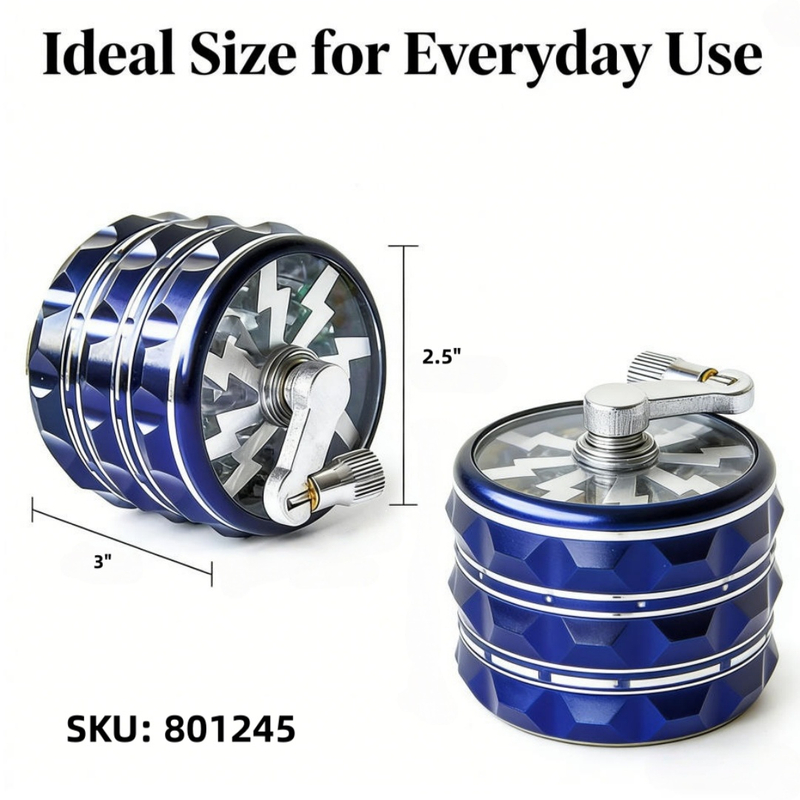2.5" 4 Parts Premium Aluminum Alloy Herb Grinder with Crank & Lightning Design Durable Hand Crank Spice Grinder for Dry Herbs & Tobacco