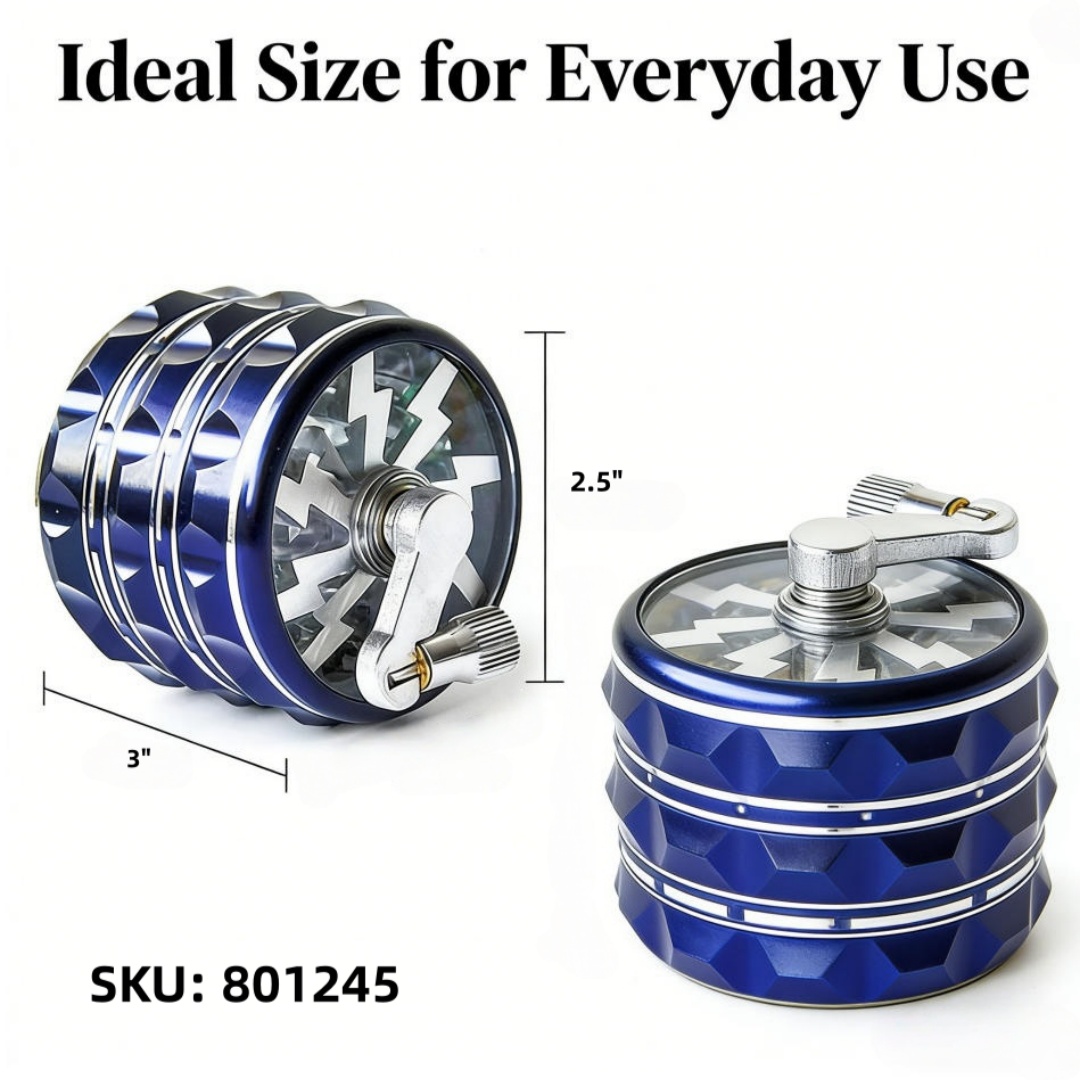 2.5" 4 Parts Premium Aluminum Alloy Herb Grinder with Crank & Lightning Design Durable Hand Crank Spice Grinder for Dry Herbs & Tobacco