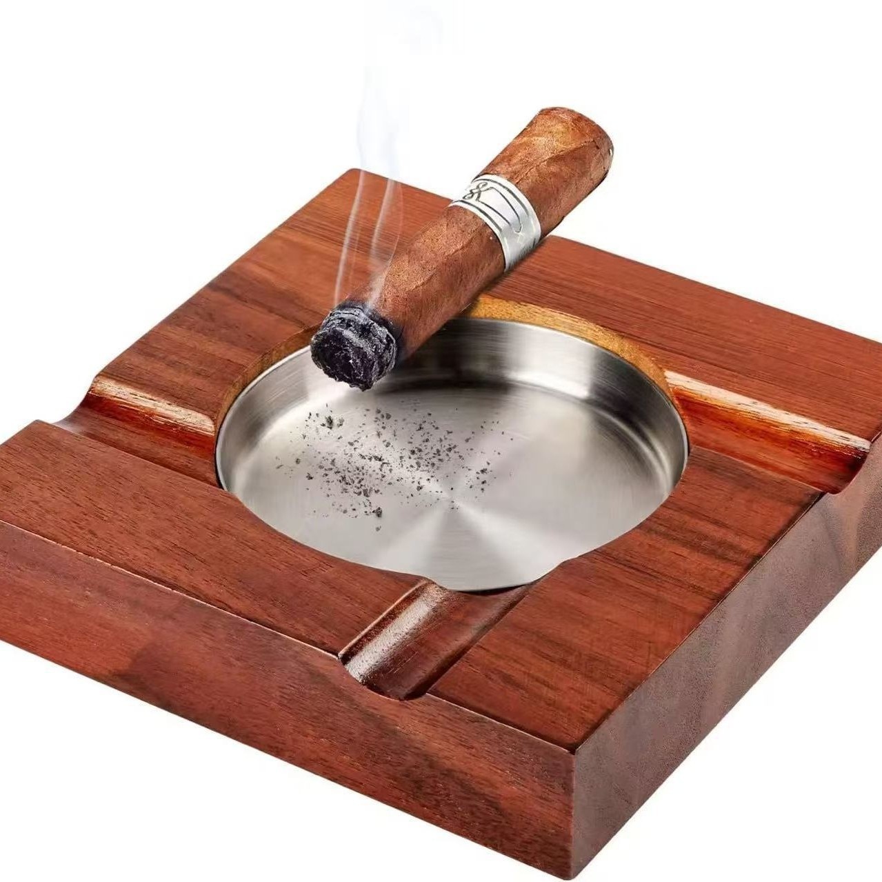 Square Wood Cigar Ashtray with Metal Insert 4-slot Cigar Rest Ashtray Removable Liner Rosewood Cigar Ashtray for Easy Cleaning