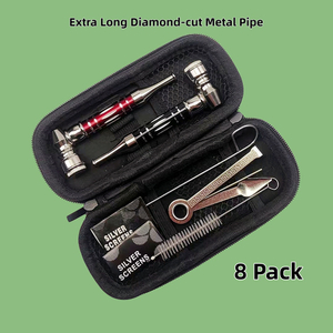 8-Pack Diamond Cut Metal Tobacco Pipe Smoking Kit With Pipe Screen Tool Brush Cleaning Tool Metal Rod Travel PU Case for Smoking Gift 