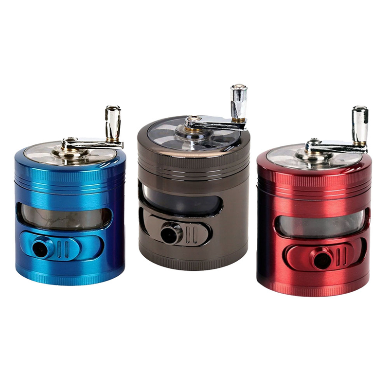Premium 4-Piece CNC Zinc Herb Grinder with Hand Crank Handle See-Through Window & Side Dispenser Port 63mm Metal Spice & Herb Grinder for Dry Herbs Tobacco Spices