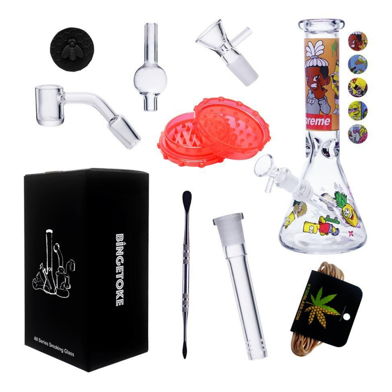 10-Piece Simpsons Themed Glass Bong Travel Kit Cartoon Print Glass Water Pipe Set with Grinder Dab Tools & Storage Box for Smoking