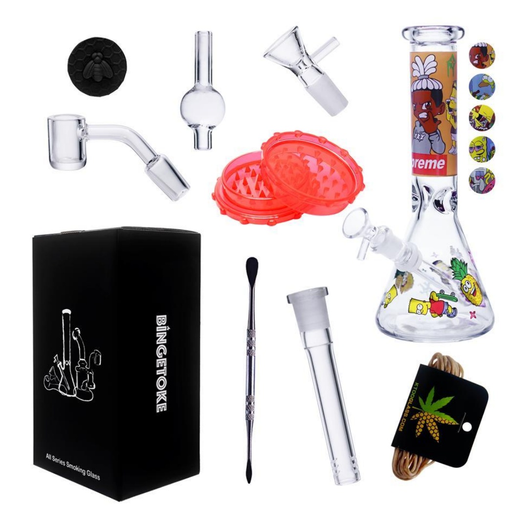 10-Piece Simpsons Themed Glass Bong Travel Kit Cartoon Print Glass Water Pipe Set with Grinder Dab Tools & Storage Box for Smoking