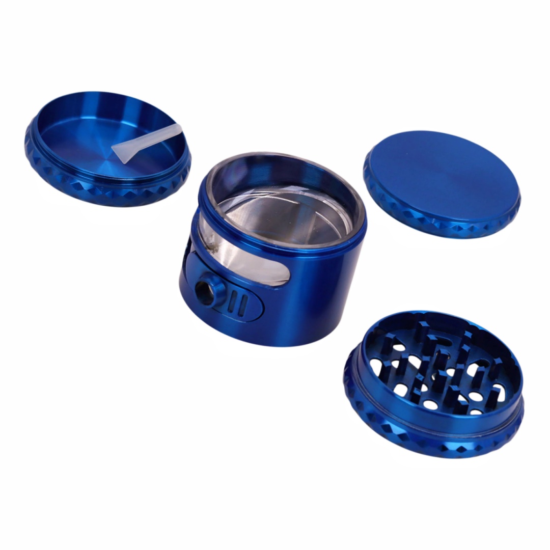 2.5" Premium 4-Piece Hand Crank Herb Grinder with See-Through Window & Side Dispenser Port, Durable Metal Tobacco Grinder with Pollen Scraper for Dry Herbs