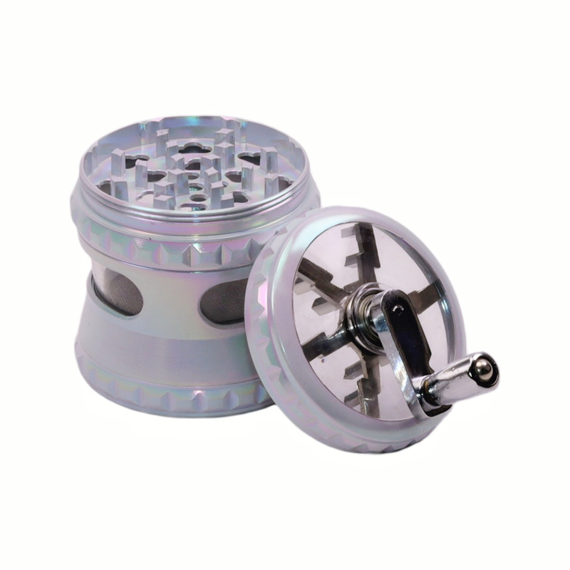 65mm 2.56 Inches 4 Parts Iridescent Crank Handle Clear Top Herb Grinder Crusher With See-through Chamber for Smoking 