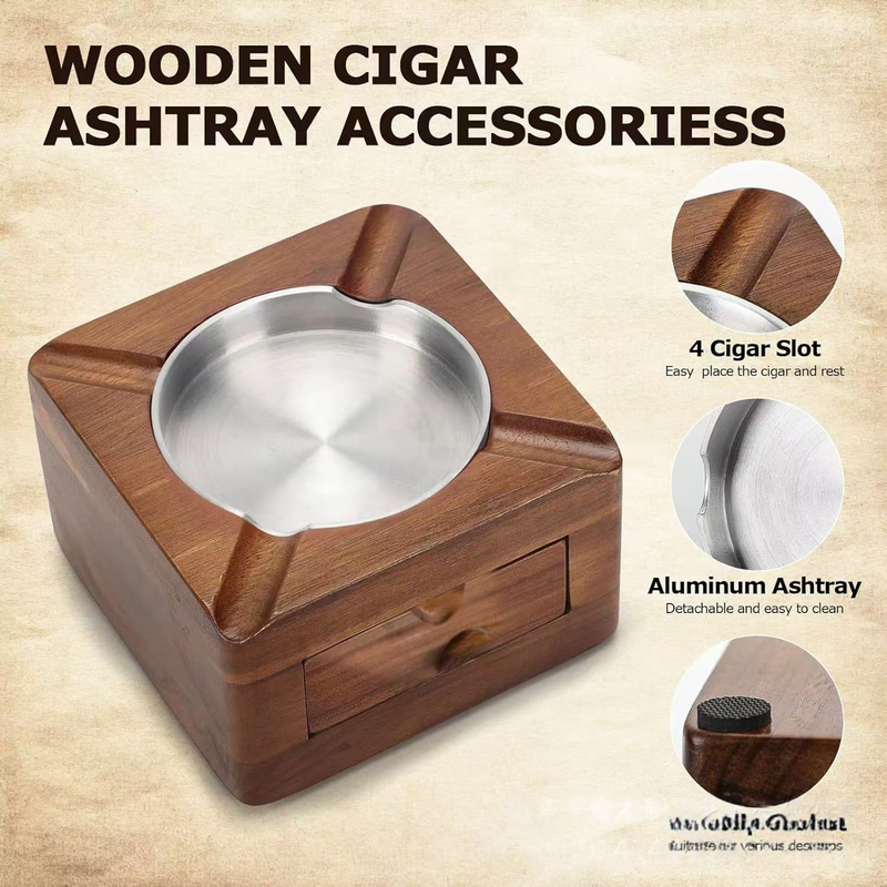 Multi-functional Wooden Square Wood Cigar Ashtray with Storage Drawer Cigar Ash Tray with Metal Insert Wooden Cigar Ashtray with Hidden Drawer