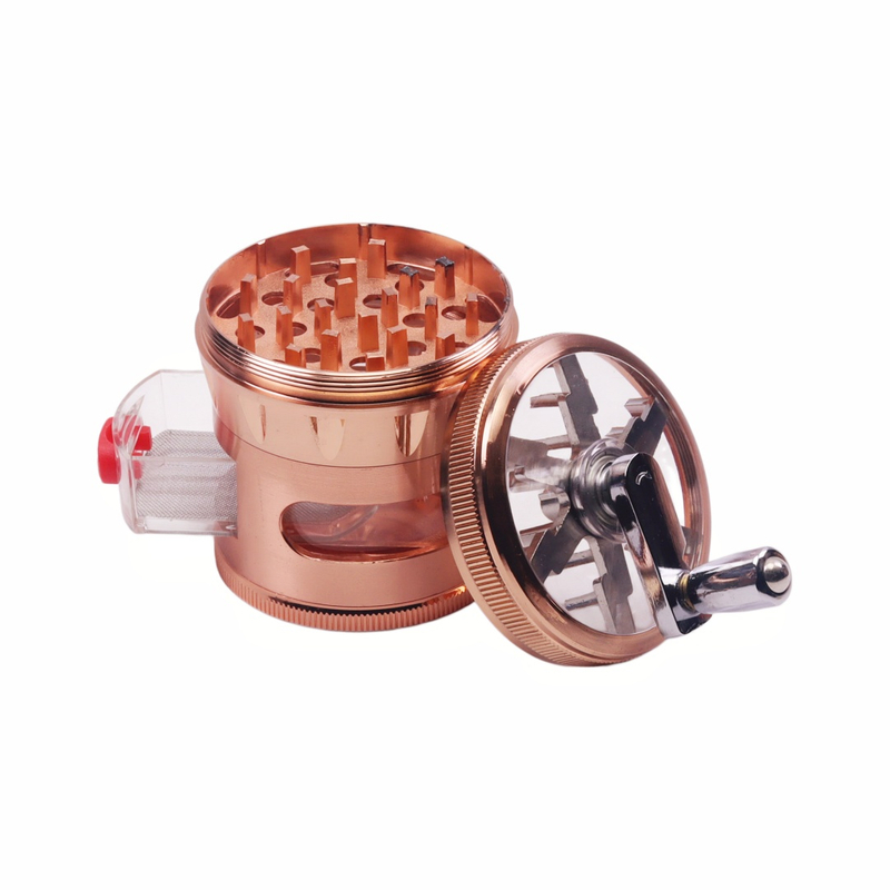 4 Piece 60mm Hand Crank Metal Herb Grinder with Clear Window & Storage Drawer Manual Crank Tobacco Grinder with Pollen Sifter
