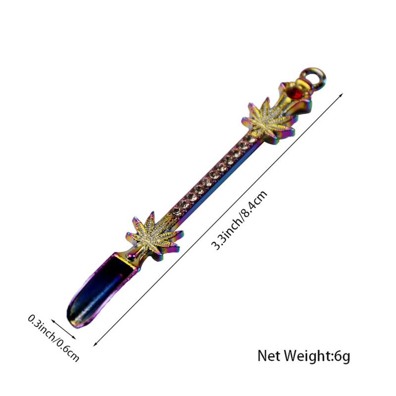Weed Leaf Rhinestone Dab Tool Mini Metal Herb Scoop with Keychain Loop Hemp Leaf Decorative Snuff Spoon