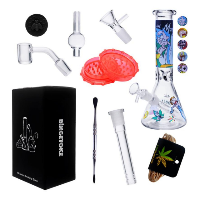 10-Piece Simpsons Themed Glass Bong Travel Kit Cartoon Print Glass Water Pipe Set with Grinder Dab Tools & Storage Box for Smoking