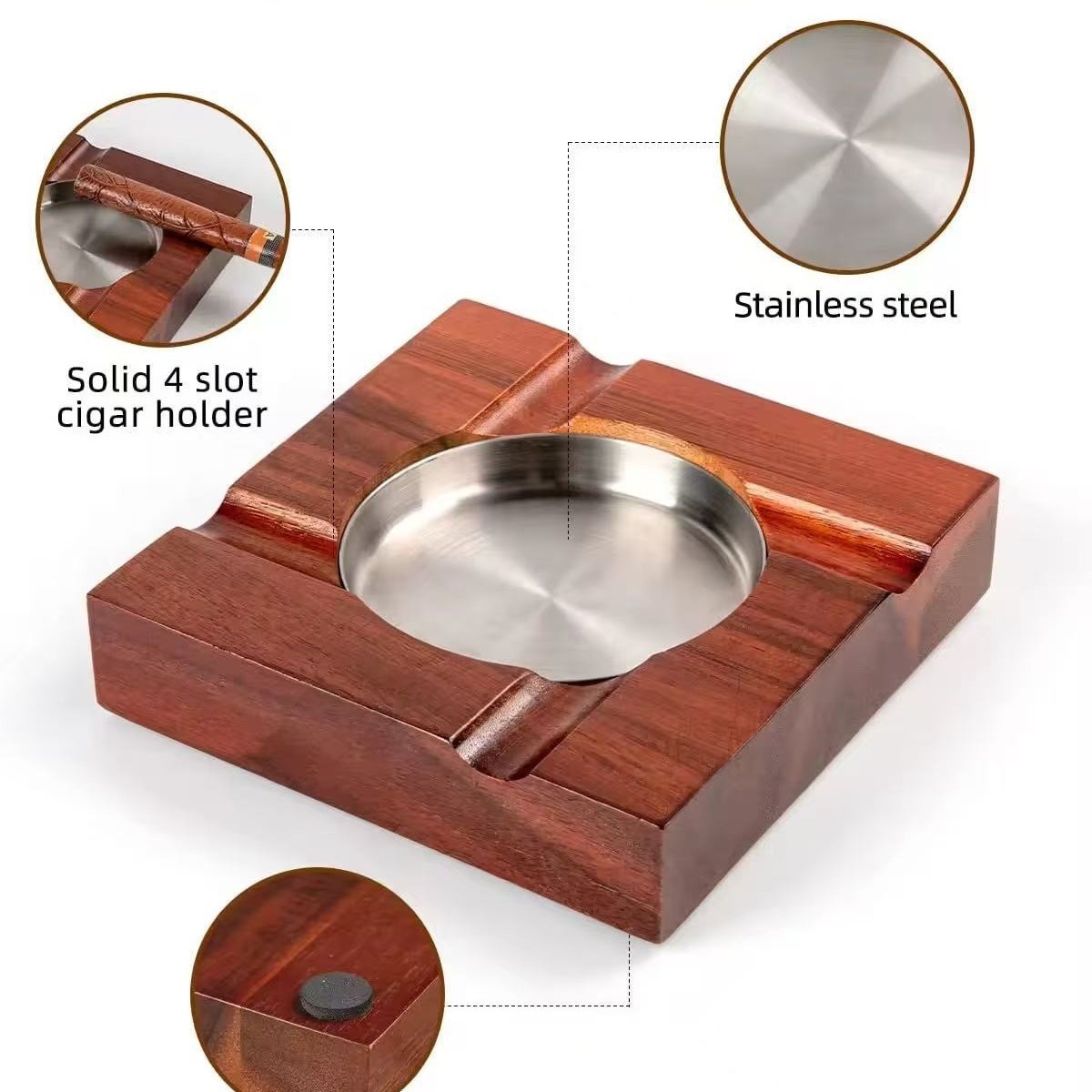 Square Wood Cigar Ashtray with Metal Insert 4-slot Cigar Rest Ashtray Removable Liner Rosewood Cigar Ashtray for Easy Cleaning