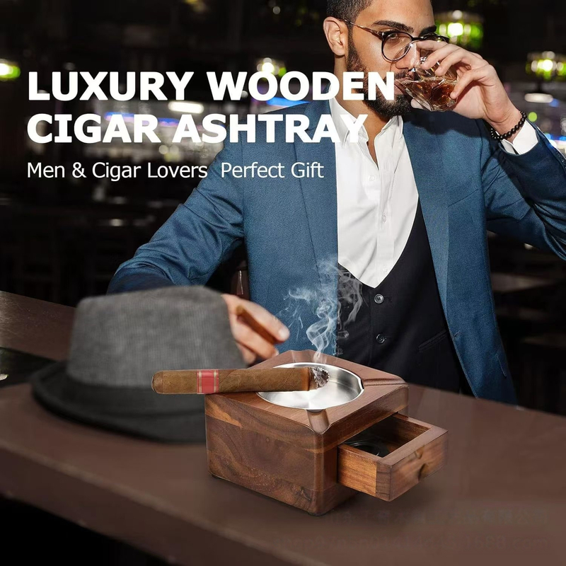 Multi-functional Wooden Square Wood Cigar Ashtray with Storage Drawer Cigar Ash Tray with Metal Insert Wooden Cigar Ashtray with Hidden Drawer