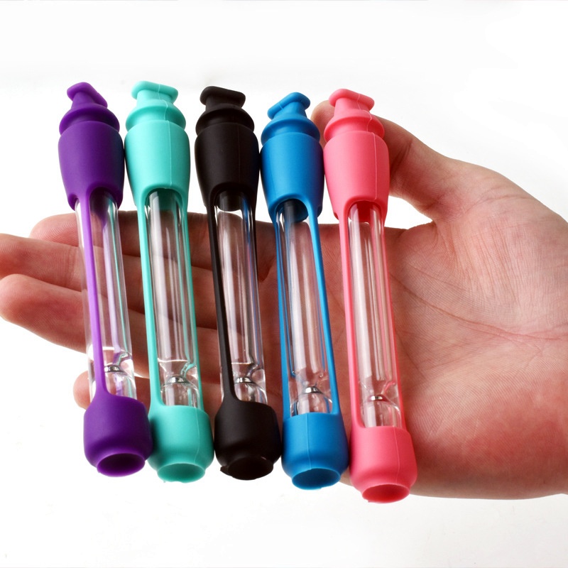 1 Pack of 5 Pieces One Hitter Bat with Silicone Cover Silicone Covered Glass One Hitter Bat Portable Smoking Taster Pipe with Silicone Protector Glass Chillum