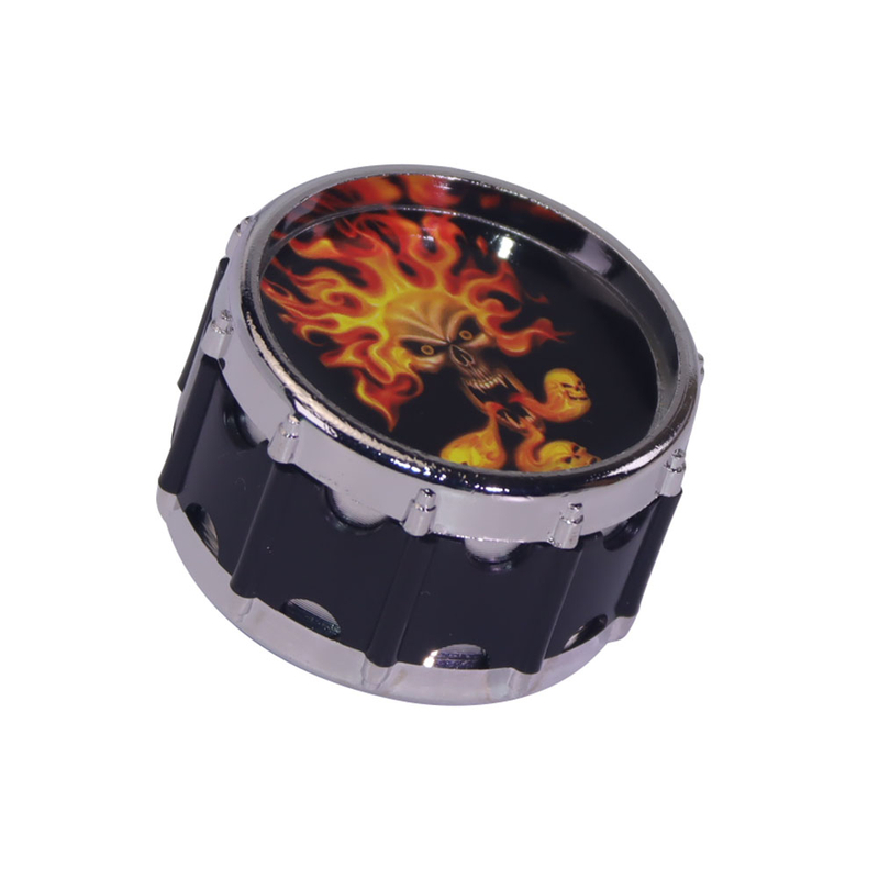 Novelty Drum Shape Herb Grinder 4-Piece Yellow Metal Tobacco Grinder with Skull Print Design Sharp Teeth Spice Grinder for Herbs & Spices