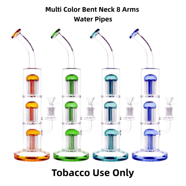 3-Layer 8-Arm Perc Glass Bong Triple 8-Arm Tree Percolator Water Pipe Multi-Color Bent Neck Glass Hookah with 3-Stage Filtration