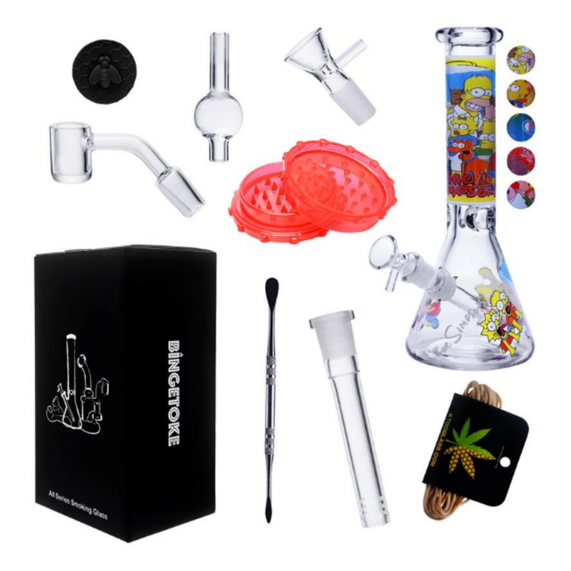 10-Piece Simpsons Themed Glass Bong Travel Kit Cartoon Print Glass Water Pipe Set with Grinder Dab Tools & Storage Box for Smoking