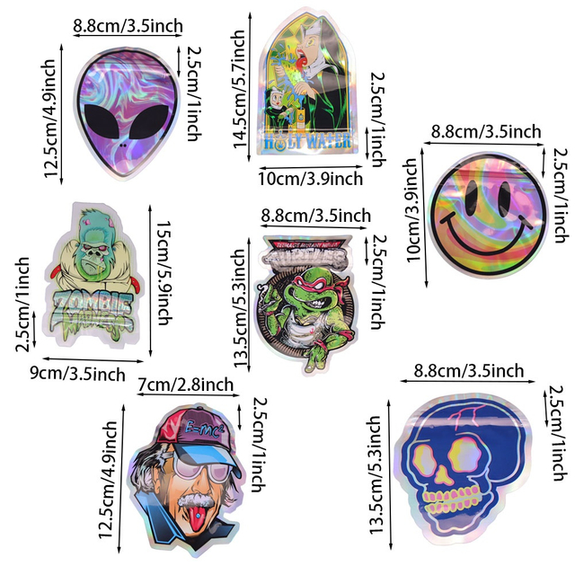 100-Pack 3.5g Smell Proof Resealable Airtight Irregular Holographic Die-Cut Mylar Bag Storage Pouch Zipper Barrier