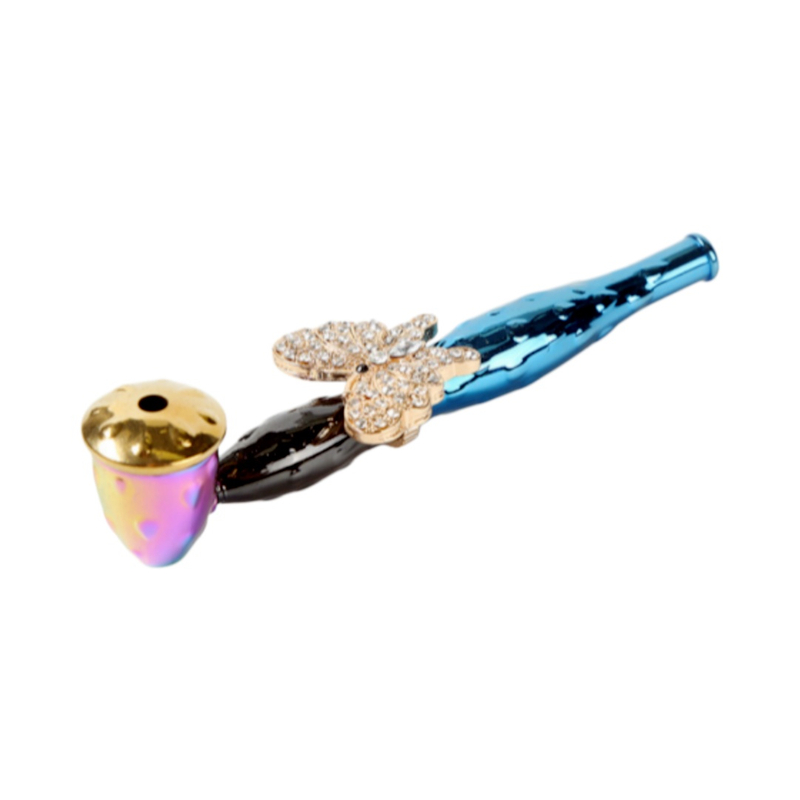 4.5" Portable Iridescent Rhinestone Metal Hand Tobacco Pipe With 3D Butterfly Scorpion Bee Skull Design For Smoking