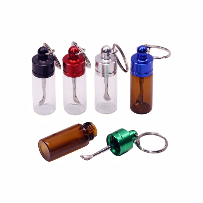 1 Pack of 3 Pieces Glass Vial Keychain with Retractable Spoon Portable Spice Storage Bottle Mini Powder Container Keychain Snuff Bottle with Telescopic Spoon Waterproof Pill Case Keychain.