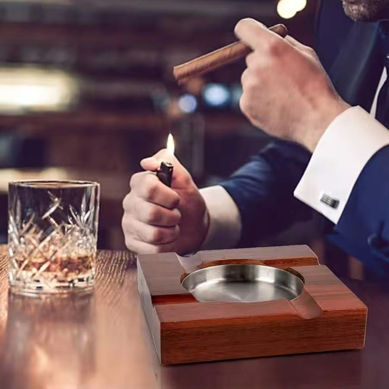 Square Wood Cigar Ashtray with Metal Insert 4-slot Cigar Rest Ashtray Removable Liner Rosewood Cigar Ashtray for Easy Cleaning
