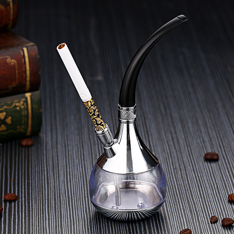 2-in-1 Vintage Style Mini Water Pipe - Silver Metal & Clear Acrylic Water Filtered Hookah Portable Personal Tobacco Pipe