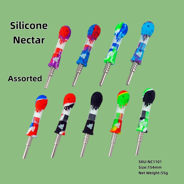 Portable Non-Stick Silicone Glass Honey Straw Assorted Color Glass Silicone Nectar Collector Set Travel Silicone Wax Collector