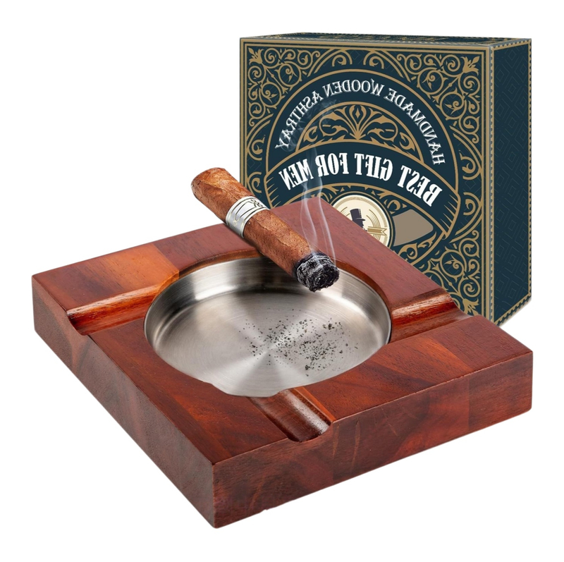 Square Wood Cigar Ashtray with Metal Insert 4-slot Cigar Rest Ashtray Removable Liner Rosewood Cigar Ashtray for Easy Cleaning
