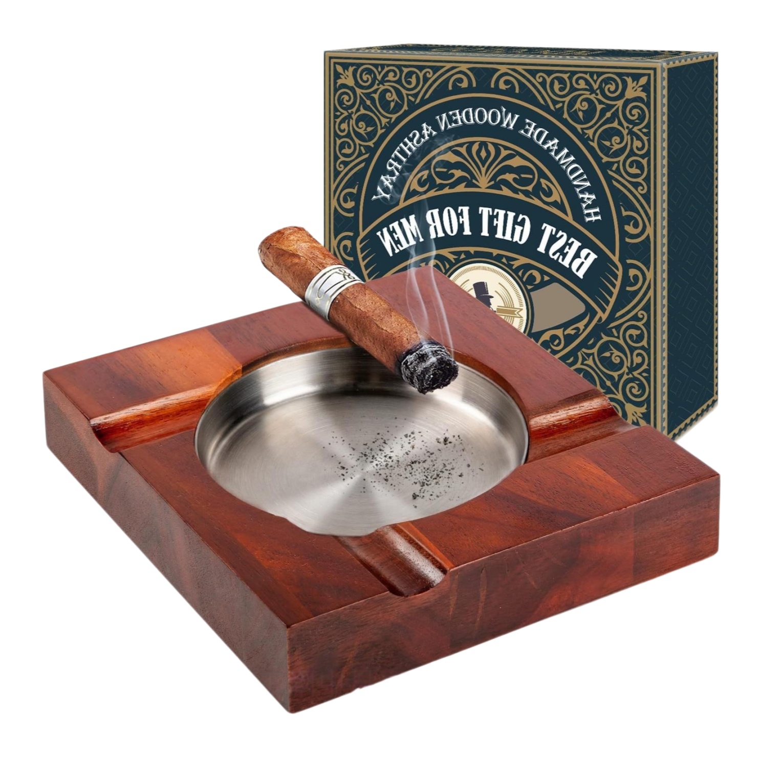 Square Wood Cigar Ashtray with Metal Insert 4-slot Cigar Rest Ashtray Removable Liner Rosewood Cigar Ashtray for Easy Cleaning
